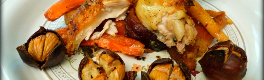 Buttery Nutmeg Roasted Chicken with Chestnuts, Carrots and Parsnips